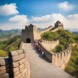 A vibrant, high-quality photo capturing the Great Wall of China attraction at a Disney amusement park