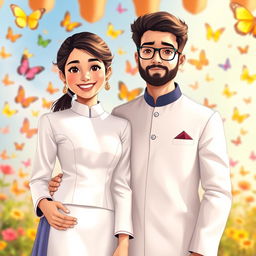 A cute and beautiful Indian office girl, aged 25, dressed in a stunning white suit, perfectly suited for an Indian festival