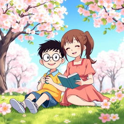 A heartwarming scene featuring Nobita and Shizuka, two beloved characters from the classic anime
