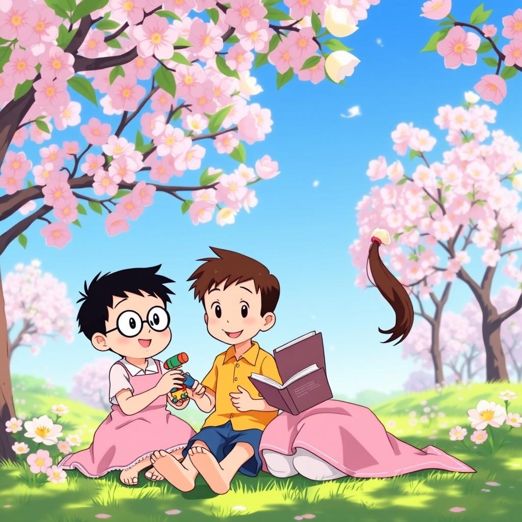 A heartwarming scene featuring Nobita and Shizuka, two beloved characters from the classic anime