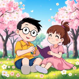 A heartwarming scene featuring Nobita and Shizuka, two beloved characters from the classic anime