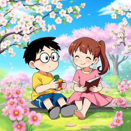 A heartwarming scene featuring Nobita and Shizuka, two beloved characters from the classic anime
