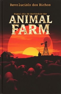 A striking book cover for 'Animal Farm' (Revolução dos Bichos), featuring a silhouette of various farm animals such as pigs, sheep, and horses against a dramatic sunset