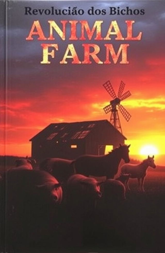 A striking book cover for 'Animal Farm' (Revolução dos Bichos), featuring a silhouette of various farm animals such as pigs, sheep, and horses against a dramatic sunset