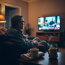 A cozy, dimly lit living room where a middle-aged man sits comfortably on a couch, dressed in casual clothes, intently watching television