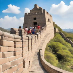 A vibrant, high-quality photo capturing the Great Wall of China attraction at a Disney amusement park