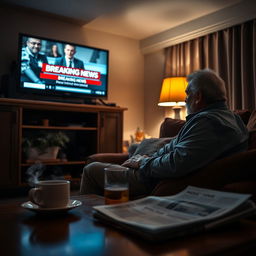 A cozy, dimly lit living room where a middle-aged man sits comfortably on a couch, dressed in casual clothes, intently watching television