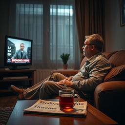 A cozy, dimly lit living room where a middle-aged man sits comfortably on a couch, dressed in casual clothes, intently watching television
