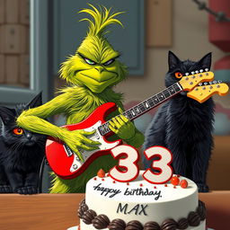 A grumpy Grinch character energetically strumming an electric guitar, with a comically annoyed expression on his face