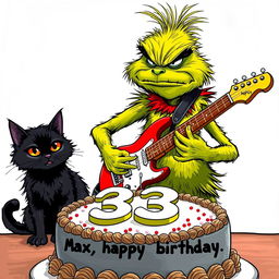 A grumpy Grinch character energetically strumming an electric guitar, with a comically annoyed expression on his face