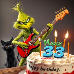 A grumpy Grinch character energetically strumming an electric guitar, with a comically annoyed expression on his face