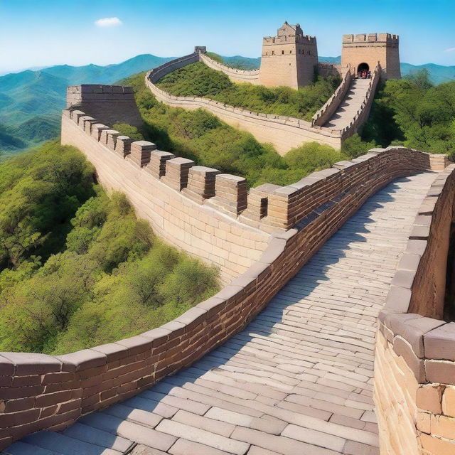 A vibrant, high-quality photo capturing the Great Wall of China attraction at a Disney amusement park