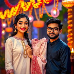 A cute and beautiful Indian office girl, aged 25, dressed in a gorgeous white kurta, celebrating Diwali night