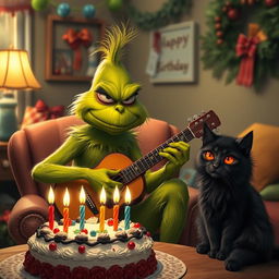 A grumpy Grinch with green skin and a mischievous expression playing a guitar, seated in a cozy room decorated for a birthday celebration