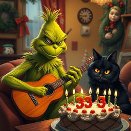A grumpy Grinch with green skin and a mischievous expression playing a guitar, seated in a cozy room decorated for a birthday celebration