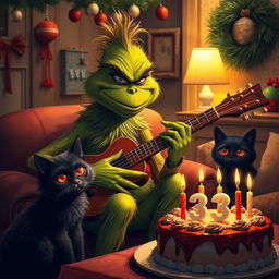 A grumpy Grinch with green skin and a mischievous expression playing a guitar, seated in a cozy room decorated for a birthday celebration