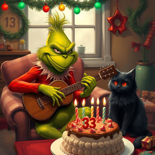 A grumpy Grinch with green skin and a mischievous expression playing a guitar, seated in a cozy room decorated for a birthday celebration