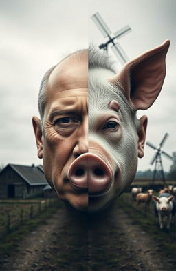 A striking image of a face divided between a human and a pig, symbolizing the transformation of leaders into tyrants in a stark allegorical way