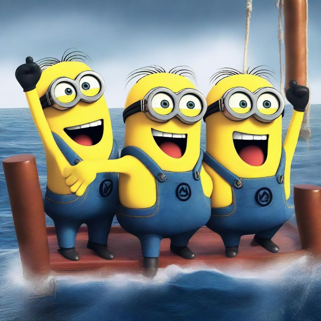 This image is a high-quality digital art piece, depicting a scene where Minions are humorously sinking on the Titanic