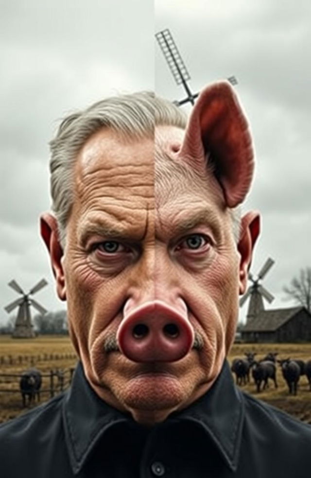 A striking image of a face divided between a human and a pig, symbolizing the transformation of leaders into tyrants in a stark allegorical way