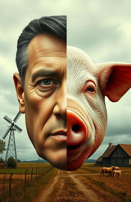 A striking image of a face divided between a human and a pig, symbolizing the transformation of leaders into tyrants in a stark allegorical way