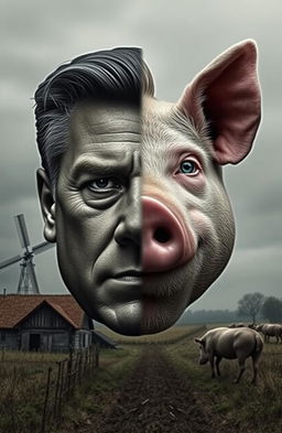 A striking image of a face divided between a human and a pig, symbolizing the transformation of leaders into tyrants in a stark allegorical way