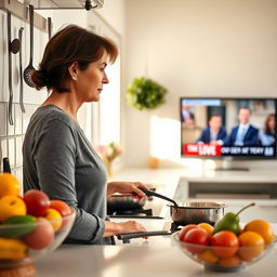 A bright, modern kitchen featuring a woman in her 40s who is cooking attentively at the stove
