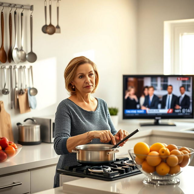 A bright, modern kitchen featuring a woman in her 40s who is cooking attentively at the stove