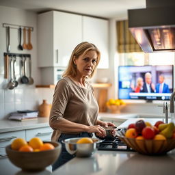 A bright, modern kitchen featuring a woman in her 40s who is cooking attentively at the stove