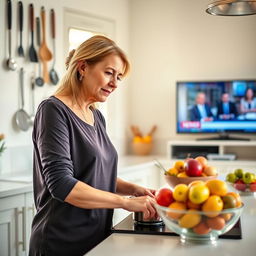 A bright, modern kitchen featuring a woman in her 40s who is cooking attentively at the stove