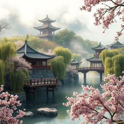 An ancient Chinese style landscape, depicting a serene and peaceful place with traditional architecture