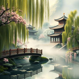 An ancient Chinese style landscape, depicting a serene and peaceful place with traditional architecture