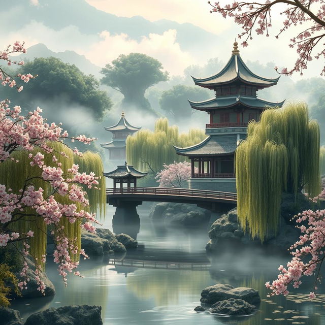 An ancient Chinese style landscape, depicting a serene and peaceful place with traditional architecture