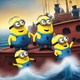 This image is a high-quality digital art piece, depicting a scene where Minions are humorously sinking on the Titanic