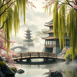 An ancient Chinese style landscape, depicting a serene and peaceful place with traditional architecture