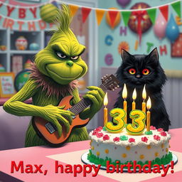 A grumpy Grinch with green skin and an annoyed expression playing a guitar in a festive room