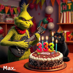 A grumpy Grinch with green skin and an annoyed expression playing a guitar in a festive room