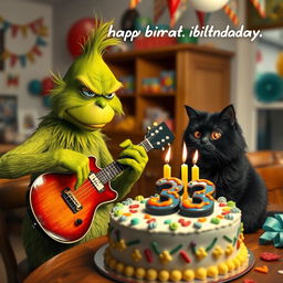 A grumpy Grinch with green skin and an annoyed expression playing a guitar in a festive room