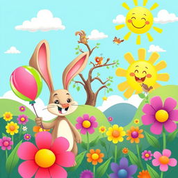 A vibrant and colorful cartoon scene featuring a whimsical landscape filled with oversized flowers, cheerful animals, and a bright blue sky