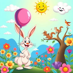 A vibrant and colorful cartoon scene featuring a whimsical landscape filled with oversized flowers, cheerful animals, and a bright blue sky