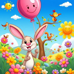 A vibrant and colorful cartoon scene featuring a whimsical landscape filled with oversized flowers, cheerful animals, and a bright blue sky
