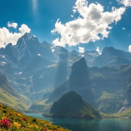 A breathtaking landscape featuring a majestic mountain range, towering peaks with snow-capped summits, surrounded by lush green valleys and vibrant wildflowers in bloom