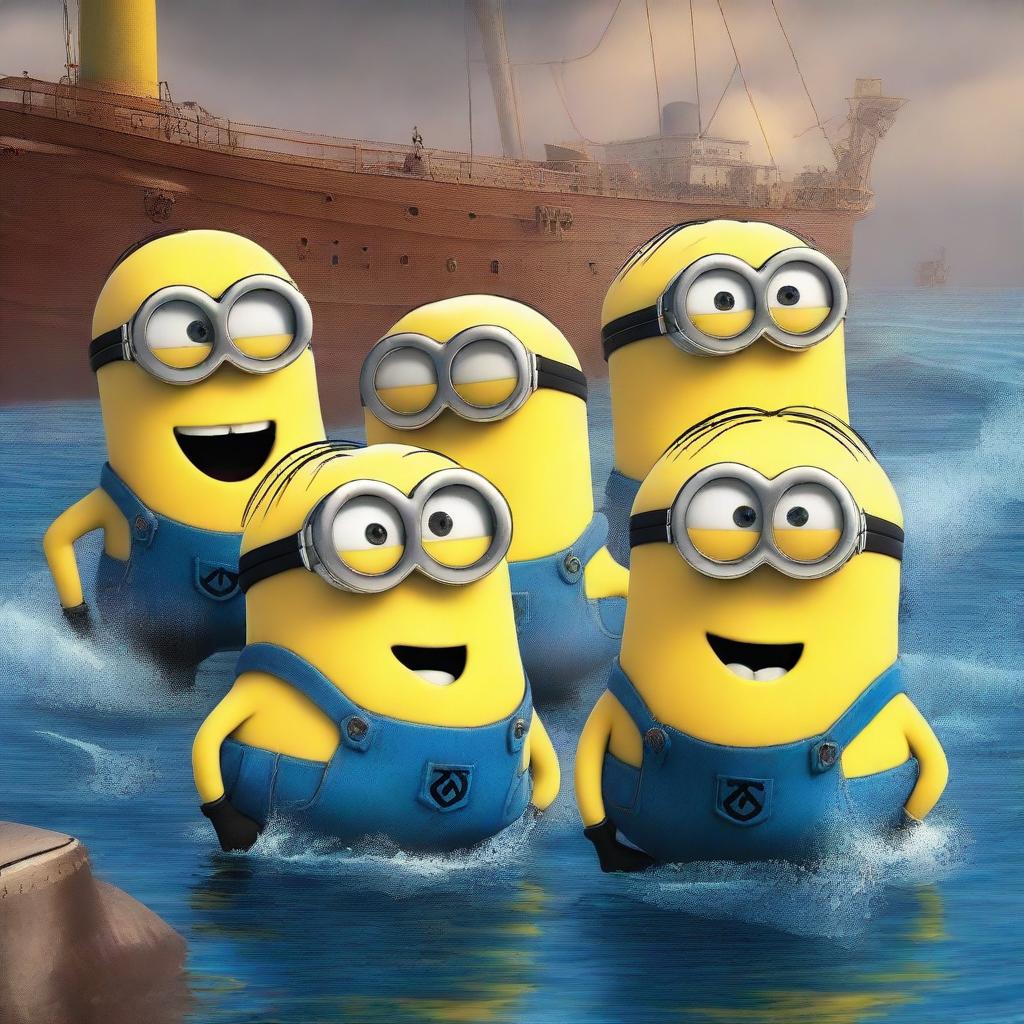 This image is a high-quality digital art piece, depicting a scene where Minions are humorously sinking on the Titanic