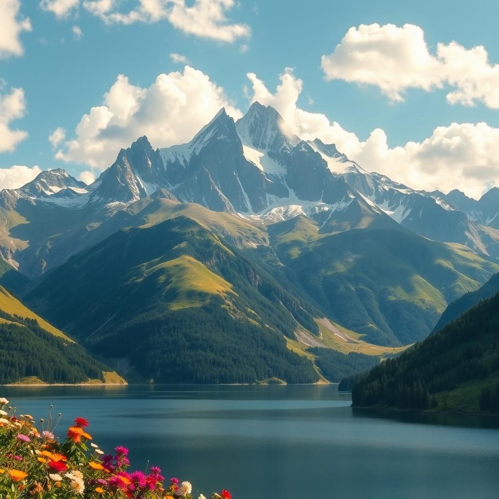 A breathtaking landscape featuring a majestic mountain range, towering peaks with snow-capped summits, surrounded by lush green valleys and vibrant wildflowers in bloom