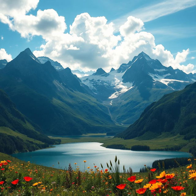 A breathtaking landscape featuring a majestic mountain range, towering peaks with snow-capped summits, surrounded by lush green valleys and vibrant wildflowers in bloom