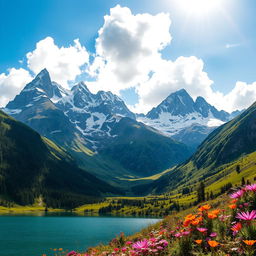 A breathtaking landscape featuring a majestic mountain range, towering peaks with snow-capped summits, surrounded by lush green valleys and vibrant wildflowers in bloom