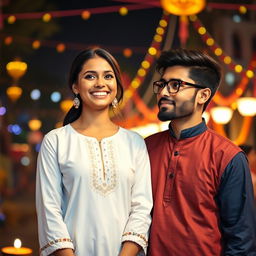 A cute and beautiful Indian office girl, aged 25, dressed in a gorgeous white kurta, radiating happiness with a bright smile
