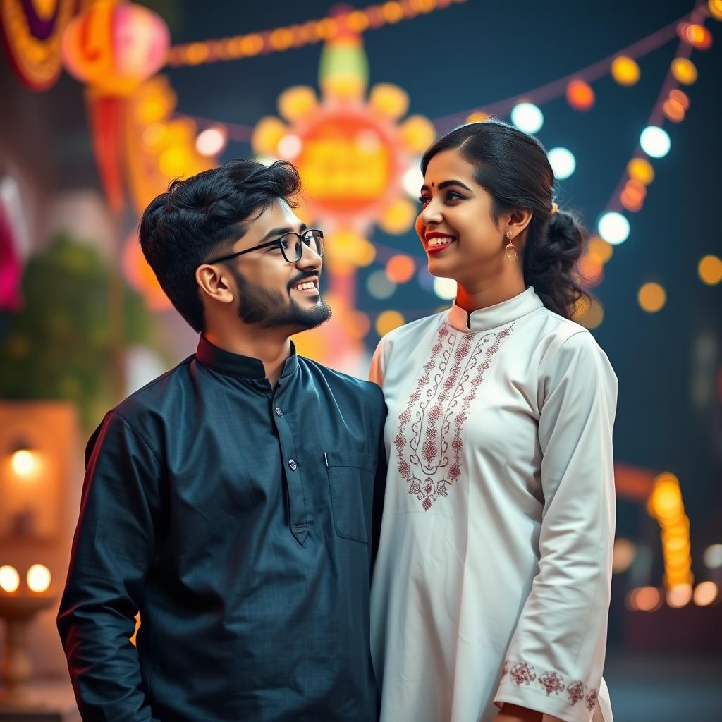 A cute and beautiful Indian office girl, aged 25, dressed in a gorgeous white kurta, radiating happiness with a bright smile