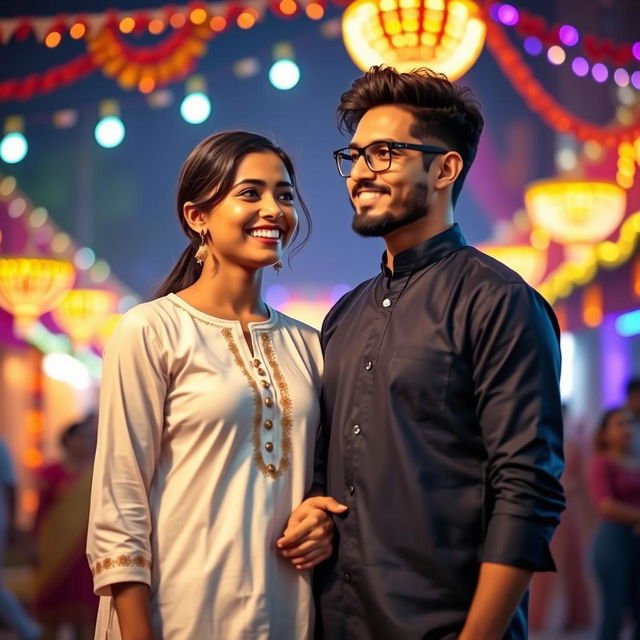 A cute and beautiful Indian office girl, aged 25, dressed in a gorgeous white kurta, radiating happiness with a bright smile