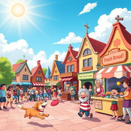 A vibrant and colorful cartoon scene featuring a bustling town square filled with cheerful characters